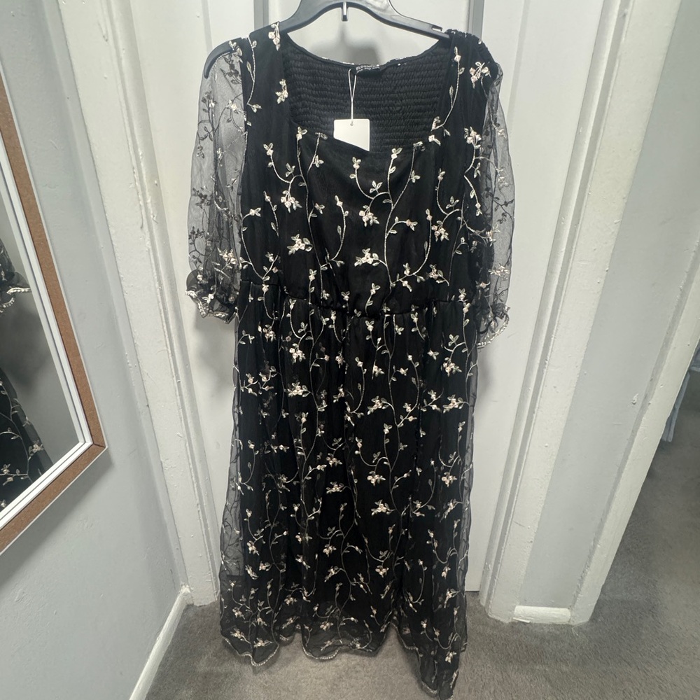 BloomChic Black Dress with Floral Embroidery